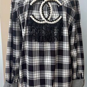 Talbots L embellish with CC patch with fringe Black and White Plaid Soft Shirt